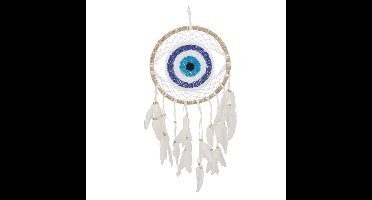 Dromenvanger/dreamcatcher - mobiel - wit/blauw - veertjes/kraaltjes - 28 cm