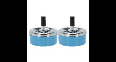 Excellent Houseware Draai asbak - Set van 2x stuks - druk asbak - rond metaal - 10 cm - blauw