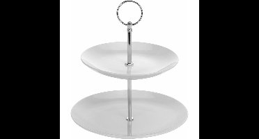 Excellent Houseware Etag?re - porselein - 2-laags - zilverkleurig handvat - high tea