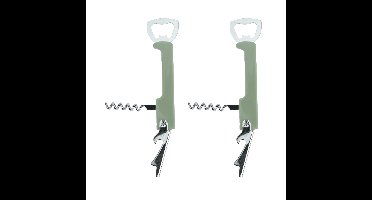 Excellent Houseware flesopener/kurkentrekker - 2x - kelnersmes - olijfgroen - 12 cm