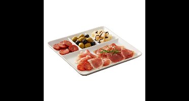 Excellent Houseware Hapjes / Tapas serveerschaal - poselein - wit - 25 cm - met vakken - vierkant