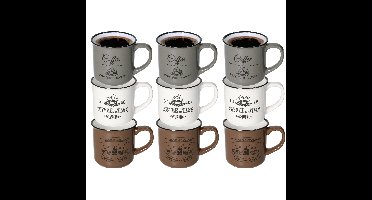 Excellent Houseware Koffiemok Cosy - set van 9x - wit / bruin / grijs - 330 ml - mokken - keramiek