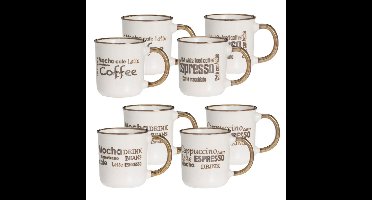 Excellent Houseware Koffiemokken set - 8x - bruin - 200 ml - mokken - met tekst - keramiek