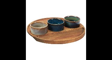Excellent Houseware Serveerplank - incl 3x schaaltjes - D25 cm - acacia hout - borrelplank - tapas