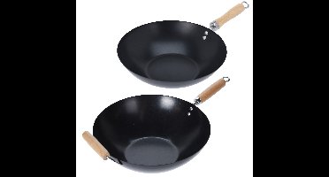 Excellent Houseware Wok / hapjes - bak pannen - 2 stuks - metaal/hout - D30 en D35 cm