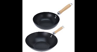 Excellent Houseware Wok/hapjes/bak pannen - 2x stuks - met antiaanbaklaag - staal - D20 en D30 cm