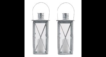 Flancy Flames Lantaarn - Set van 2x stuks - zink - windlicht - zilverkleurig - 25 cm