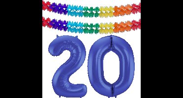 Folat Verjaardag Leeftijd folieballon - 20 jaar - blauw - 86 cm - incl 2x slingers