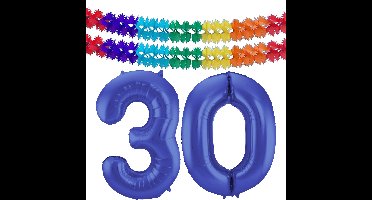 Folat Verjaardag Leeftijd folieballon - 30 jaar - blauw - 86 cm - incl 2x slingers