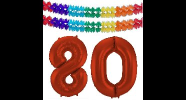 Folat Verjaardag Leeftijd folieballon - 80 jaar - rood - 86 cm - incl 2x slingers