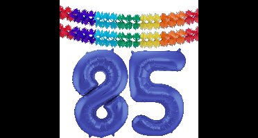 Folat Verjaardag Leeftijd folieballon - 85 jaar - blauw - 86 cm - incl 2x slingers
