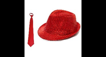 Folat Verkleedkleding set - Glitter hoedje - stropdas - rood - volwassenen - glitter and glamour