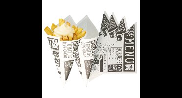 Frietzakjes - 30x st - zwart/wit - 17,5 x 24 cm - papier - puntzakken - patatzakjes