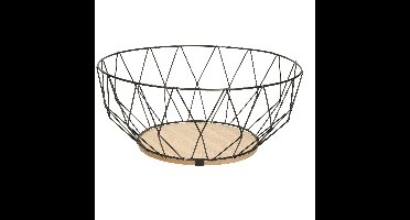 Fruitschaal - zwart - metaal/hout - 28 cm - rond - fruitmand - draadmand