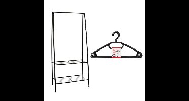 Gerimport - kledingrek - zwart - ijzer - incl. 10x kledinghangers kunststof