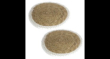 Gerimport Pannen onderzetters - Set van 2x stuks - zeegras - rond - 28x28 cm - naturel/wit