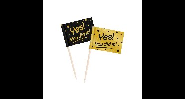 Geslaagd thema party Cocktailprikkers vlaggetjes - 50x - zwart/goud - You did it