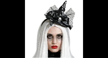 Halloween heksenhoed - mini hoedje op diadeem - one size - zwart/wit - meisjes/dames