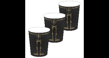 Halloween/horror skelet feest bekers - 24x - zwart - papier - 250 ml