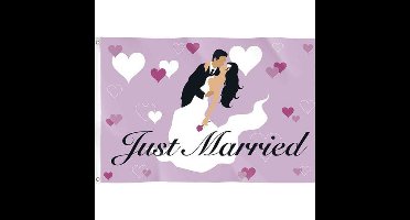 Haza bruiloft gevelvlag - Just Married - paars - 90 x 60 cm - vlaggen