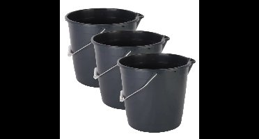 Huishoud/schoonmaak emmer met tuit - 3x - 10 liter - zwart - multifuctioneel