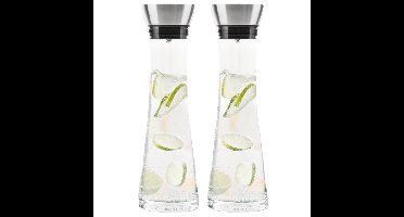Karaf/schenkkan met filter - Set van 2x stuks - 1 liter - glas - RVS - schenktuit - D10 x H34 cm
