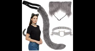 Katten verkleed kostuum - 3-delig - grijs - staart, oortjes en halsband