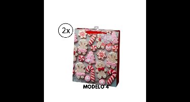 Kerst cadeau tasje - 2x - 42 cm - peperkoek mannetje en vrouwtje - inpakken - kerstcadeaus