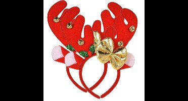 Kerst diadeem/haarband - 2x - rendier gewei met strikje - rood - 25 cm