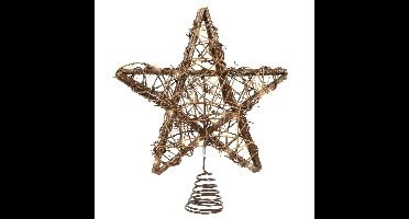 Kerst ster piek rotan - met LED verlichting - warm wit - 30 cm - 30 led lampjes - kerstpiek