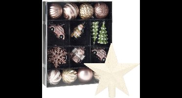 Kerstballen en ornamenten incl. ster piek lichtroze/wit kunststof