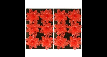 Kerstboom bloemen op clip - 12x stuks - rood - kunststof - kerstornamenten