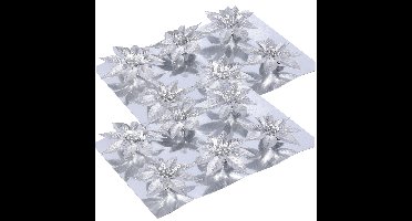 Kerstboom bloemen op clip - 12x stuks - zilver - kunststof - kerstornamenten