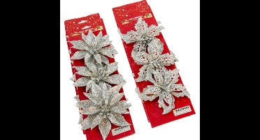 Kerstboom bloemen op clip - 12x stuks - zilver - kunststof - kerstornamenten