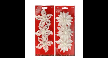 Kerstboom bloemen op clip - 6x stuks - wit - kunststof - kerstornamenten