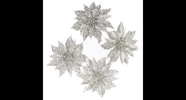 Kerstboomversiering Bloemen - 4x stuks - 9 cm - zilver glitter - op clip