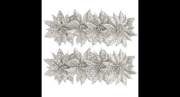 Kerstboomversiering Bloemen - 8x stuks - 9 cm - zilver glitter - op clip