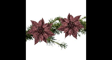 Kerstboomversiering Kerstster - 2x - 18 cm - donkerrood glitter - op clip - ornament