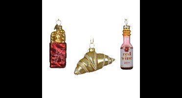 Kersthangers Frans thema - 3x stuks - glas - stokbrood, croissant, rode wijn - ornamenten