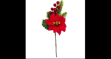 Kerststukje stekertje - tak met hulst - bessen - kerstster - groen/rood - 26 cm
