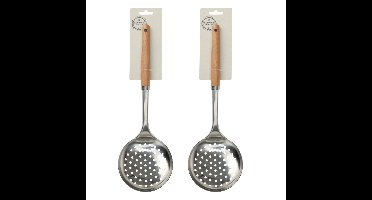 Keukengerei schuimspaan - 2x - RVS steel en houten handvat - 32 cm