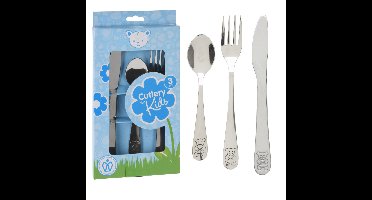 Kinder Bestekset Beer - 2x - blauw doosje - kraamcadeau - 3-delig - zilver - RVS - bestek voor kinde