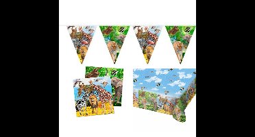 Kinderverjaardag/kinderfeestje tafeldek set tafelkleed/servetten/vlaggetjes jungle thema