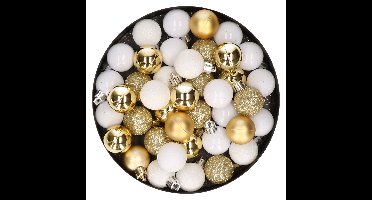 Kleine kunststof kerstversiering 40x stuks set en 3 cm kerstballen in het goud en wit