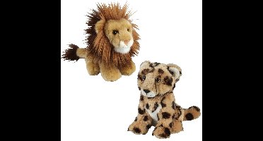 Knuffeldieren set leeuw en cheetah luipaard pluche knuffels 18 cm