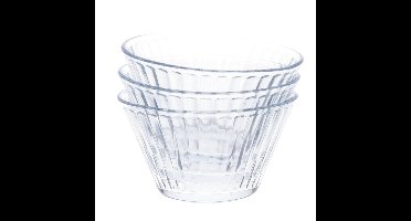 Kommetje/serveer schaaltje - 3x - ontbijt/hapjes - glas - streep relief - 300 ml - 11 x 7 cm
