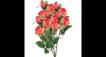 Kunstbloem Roos tak - 5x - 44 cm - koraal roze - Kunst zijdebloemen