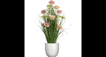 Kunstbloemen boeket roze - in pot wit - keramiek - H70 cm