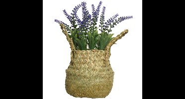 Lavendel kunstplant in rieten mand - lila paars - D16 x H27 cm