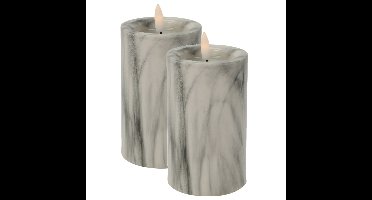 LED kaars/stompkaars - 2x st - wit/grijs marmer look - D7,5 x H12,5 cm